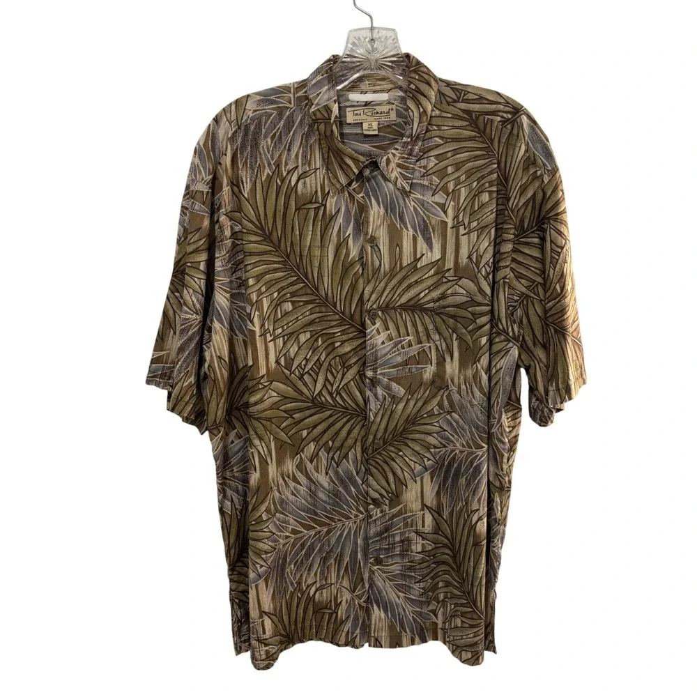 Tori Richard Aloha Shirt Mens XL Brown Palm Leaf Cotton Lawn Made‎ in Hawaii